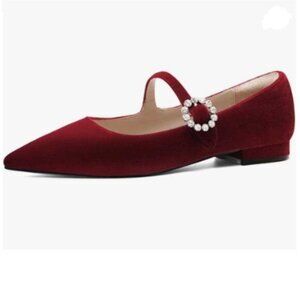 XYD Red Velvet Pointed Toe Low Heel Flats Rhinestone Buckle Strap Mary Jane Shoe